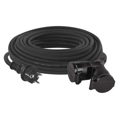 Outdoor-Verlängerungskabel 20 m / 2 Steckdosen / schwarz / Gummi / 230 V / 1,5 mm2