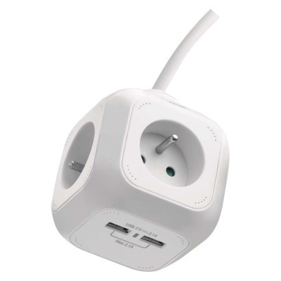 Extension cable - cube 1.9 m / 4 sockets / white / PVC / with USB / 1 mm2