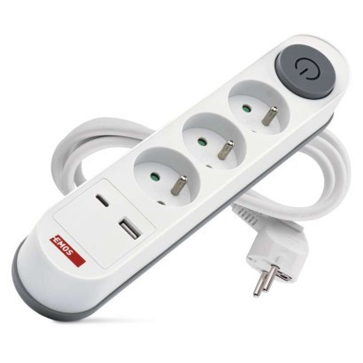 Przedłużacz 2 m / 3 gniazda / z przełącznikiem / biały / 1 × USB-A   1 × USB-C / 1,5 mm2