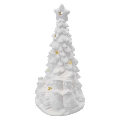 LED ceramic tree with snowmen, 33,5 cm, 2x AA, indoor, warm white