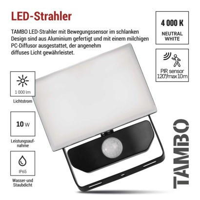 LED reflektor TAMBO se senzorem pohybu, 10 W, 1000 lm, černý